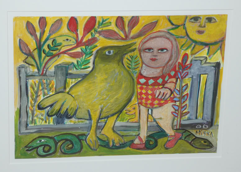 A colorful painting depicting a person with a bird-like creature, surrounded by plants, a fence, and a sun with a face in the sky.