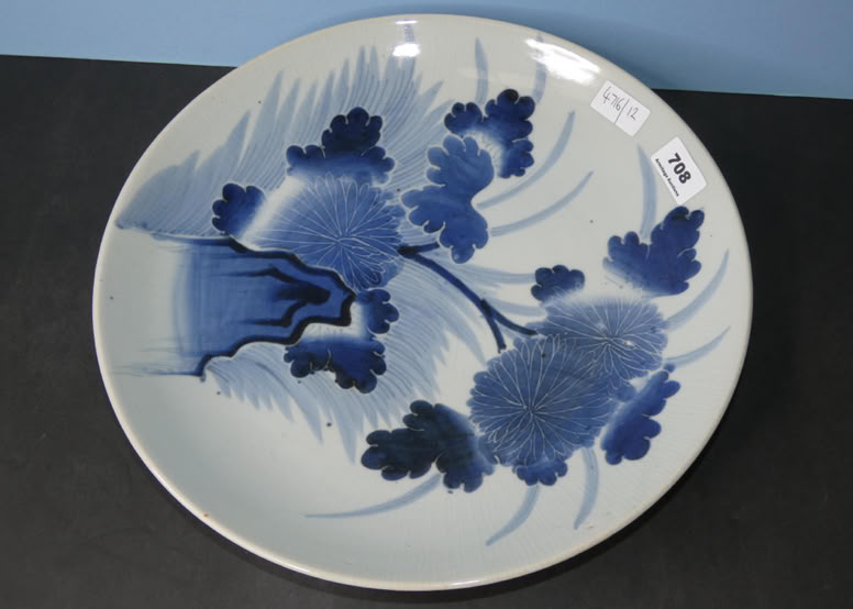A ceramic plate with blue floral patterns and two small white labels on the rim, placed on a dark surface.